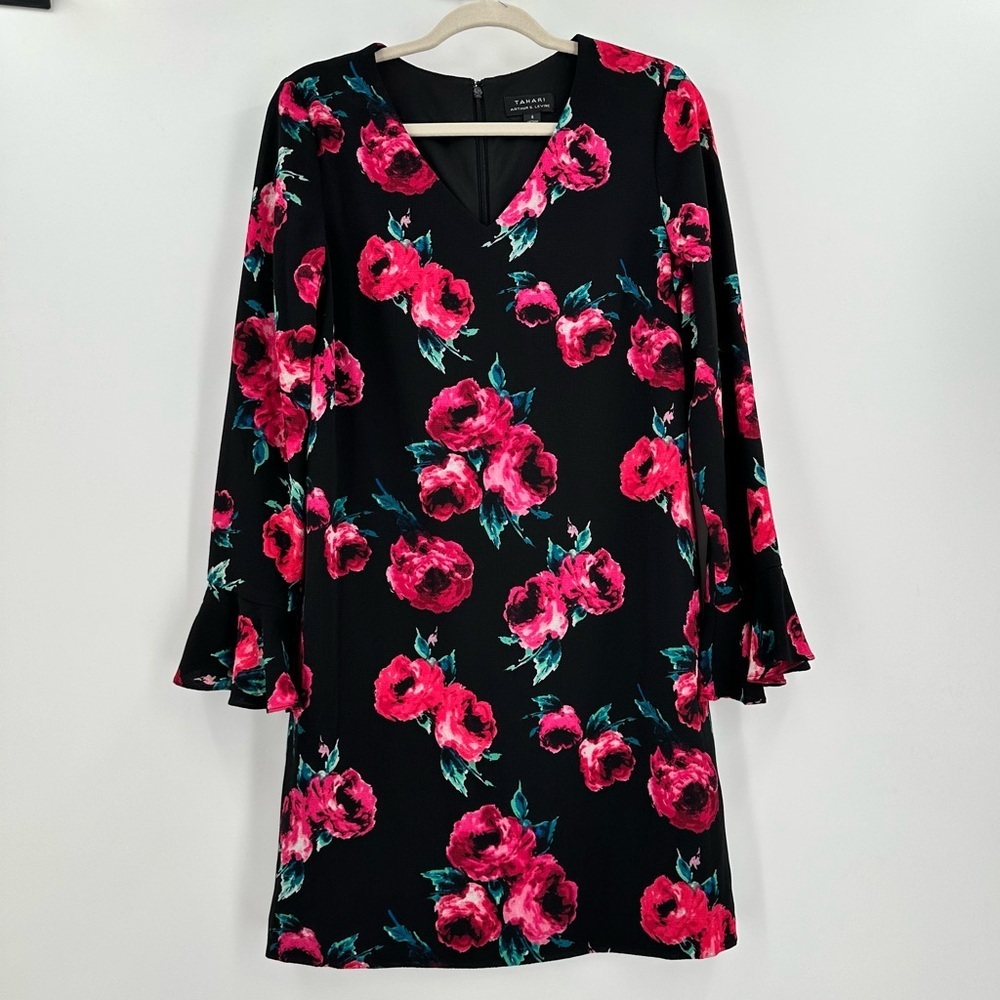 Tahari Arthur Levine Black Floral V-Neck Flare Sleeve Crepe Dress Women Size 8